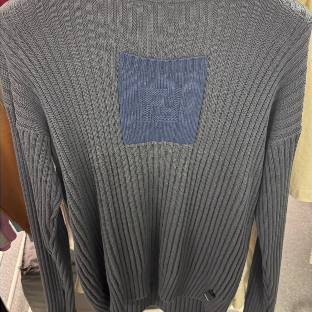 Fendi Blue Crewneck Sweater with Ribbed Texture